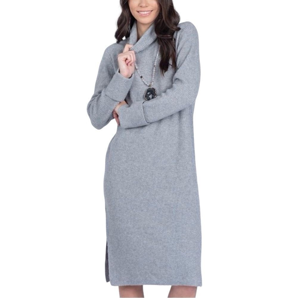 Everly gray cuffed long sleeve cowl neck sweater dress - L‎